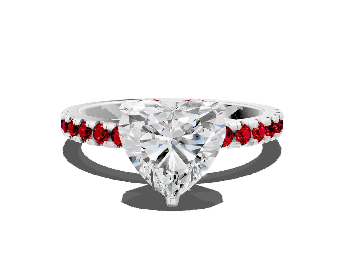 White gold Heart Cut Diamond Solitaire Ring with Round with Ruby side stone Pavé Band and Four-Prong Setting_12