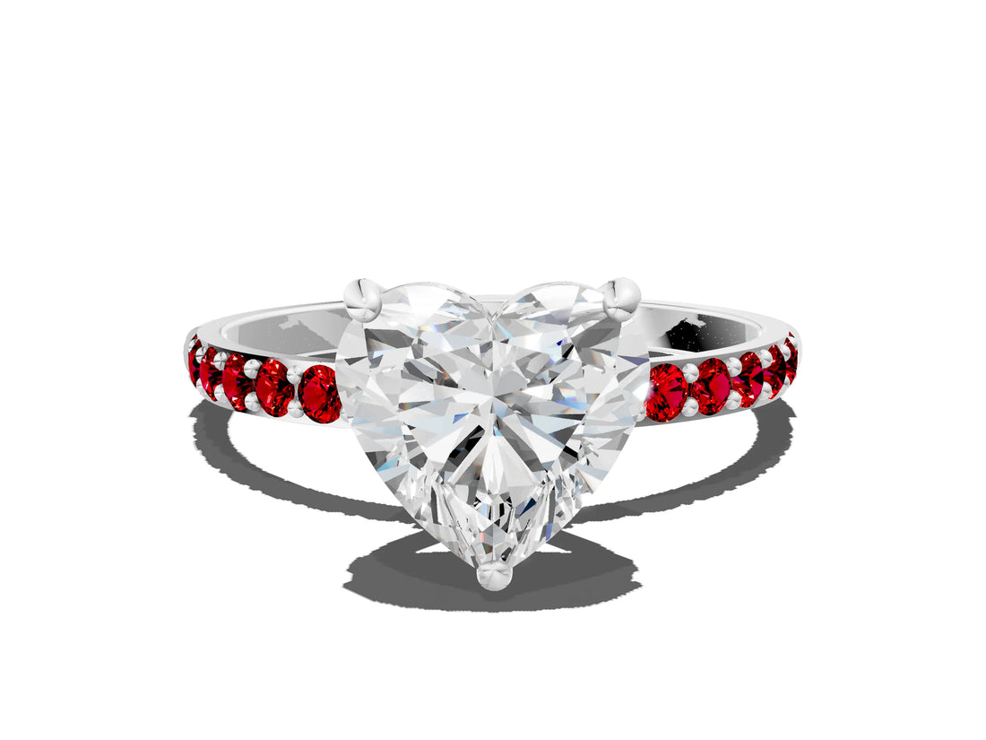 White gold Heart Cut Diamond Solitaire Ring with Round with Ruby side stone Pavé Band and Prong Setting_24