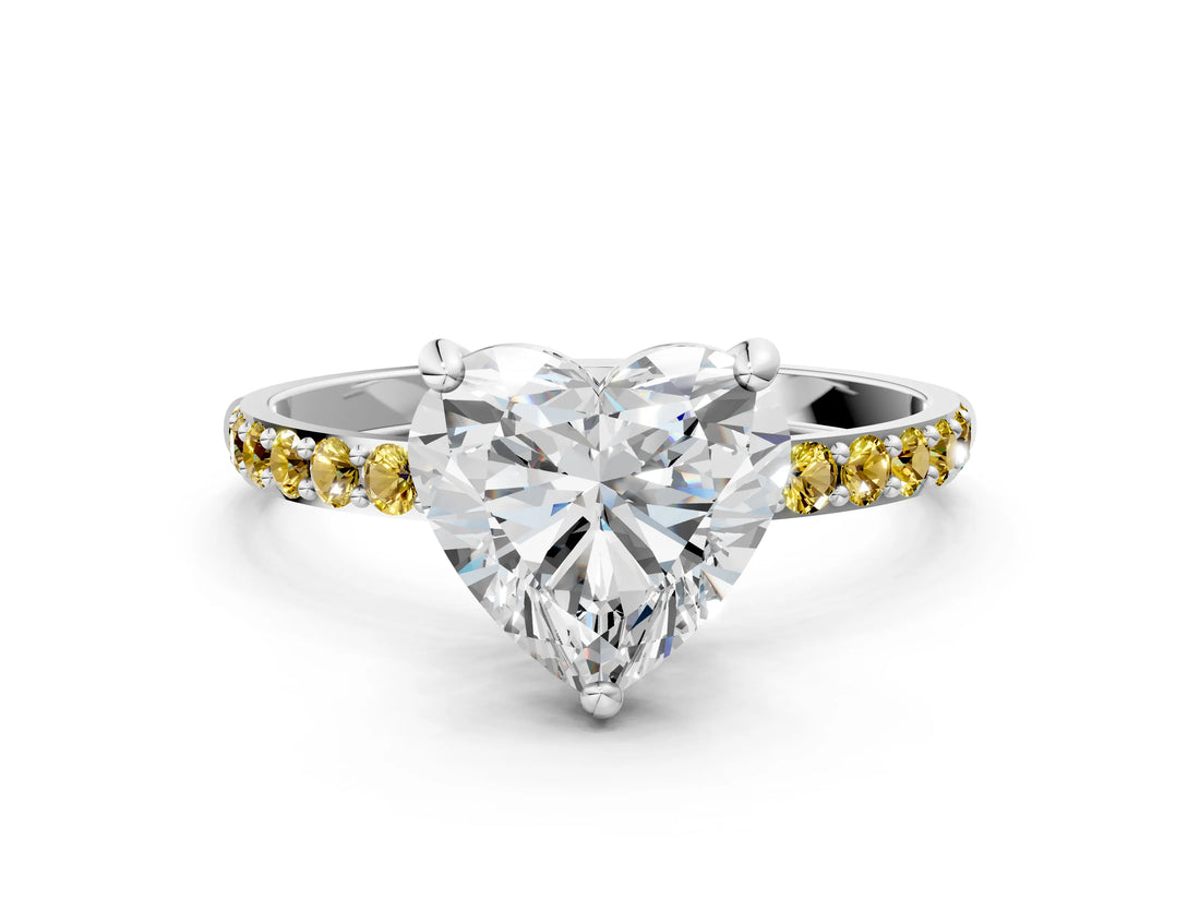 White gold Heart Cut Diamond Solitaire Ring with Round with Yellow Sapphire side stone Pavé Band and Prong Setting_24