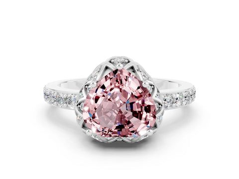 White gold Heart Cut Diamond Solitaire Ring with Shared Prong Pavé Band