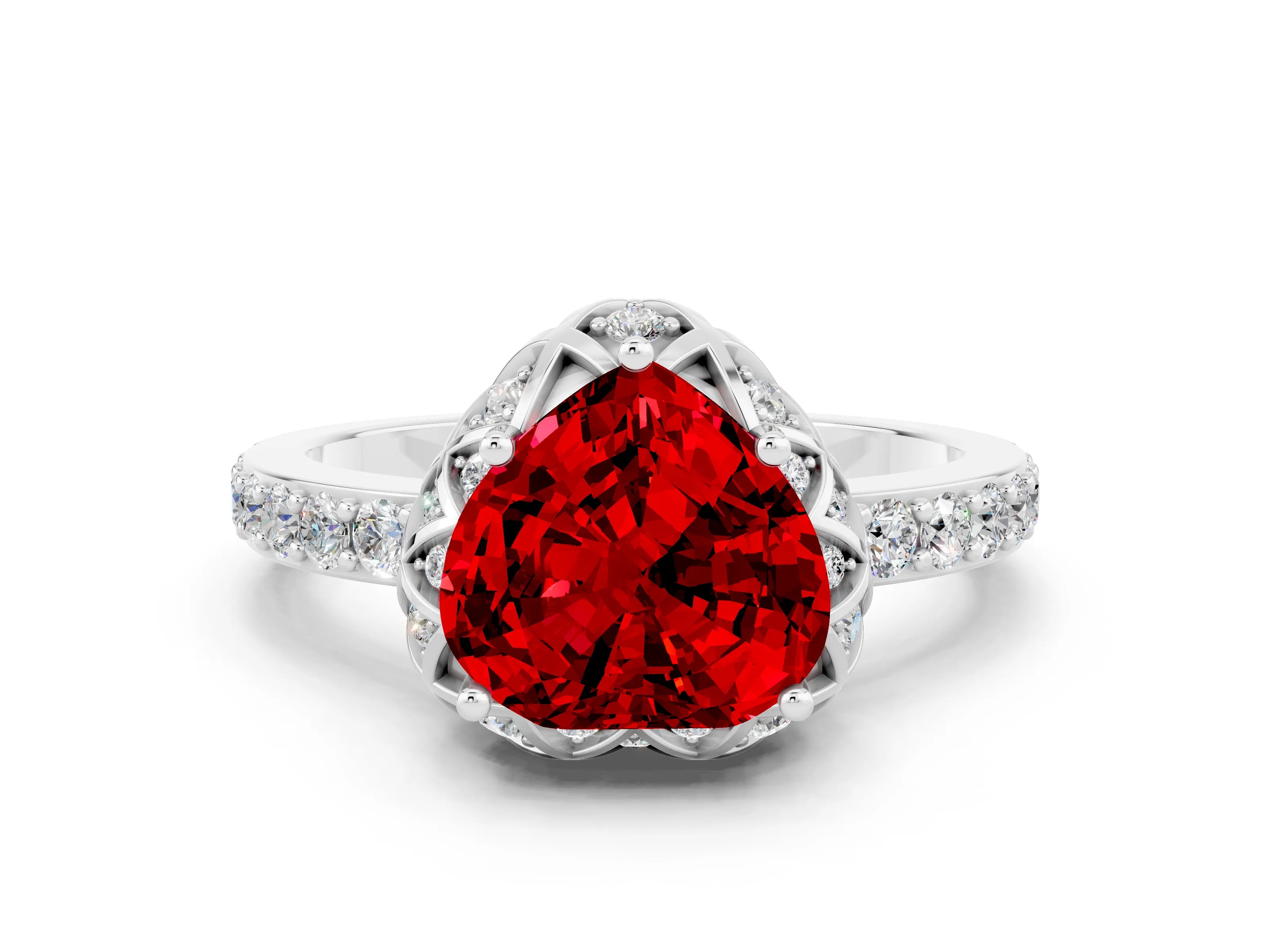 White gold Heart Cut Diamond Solitaire Ring with Shared Prong Pavé Band