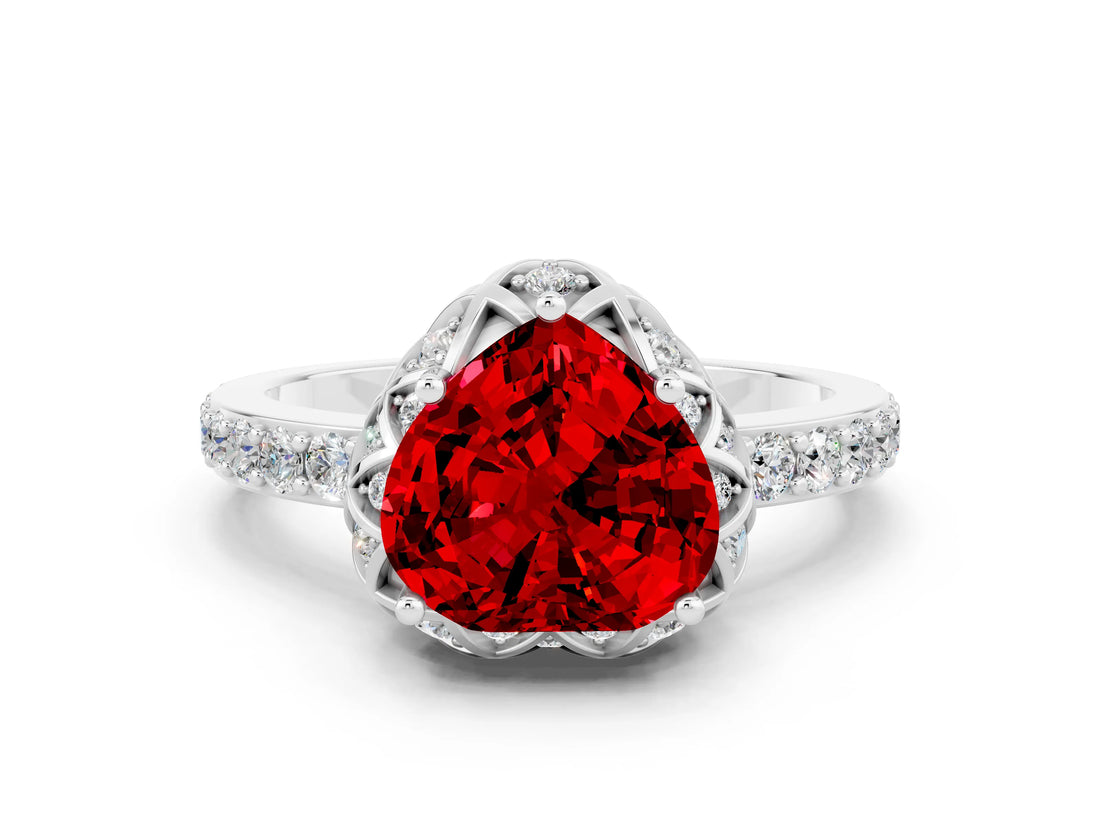 White gold Heart Cut Diamond Solitaire Ring with Shared Prong Pavé Band