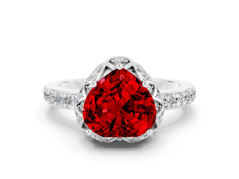 White gold Heart Cut Diamond Solitaire Ring with Shared Prong Pavé Band