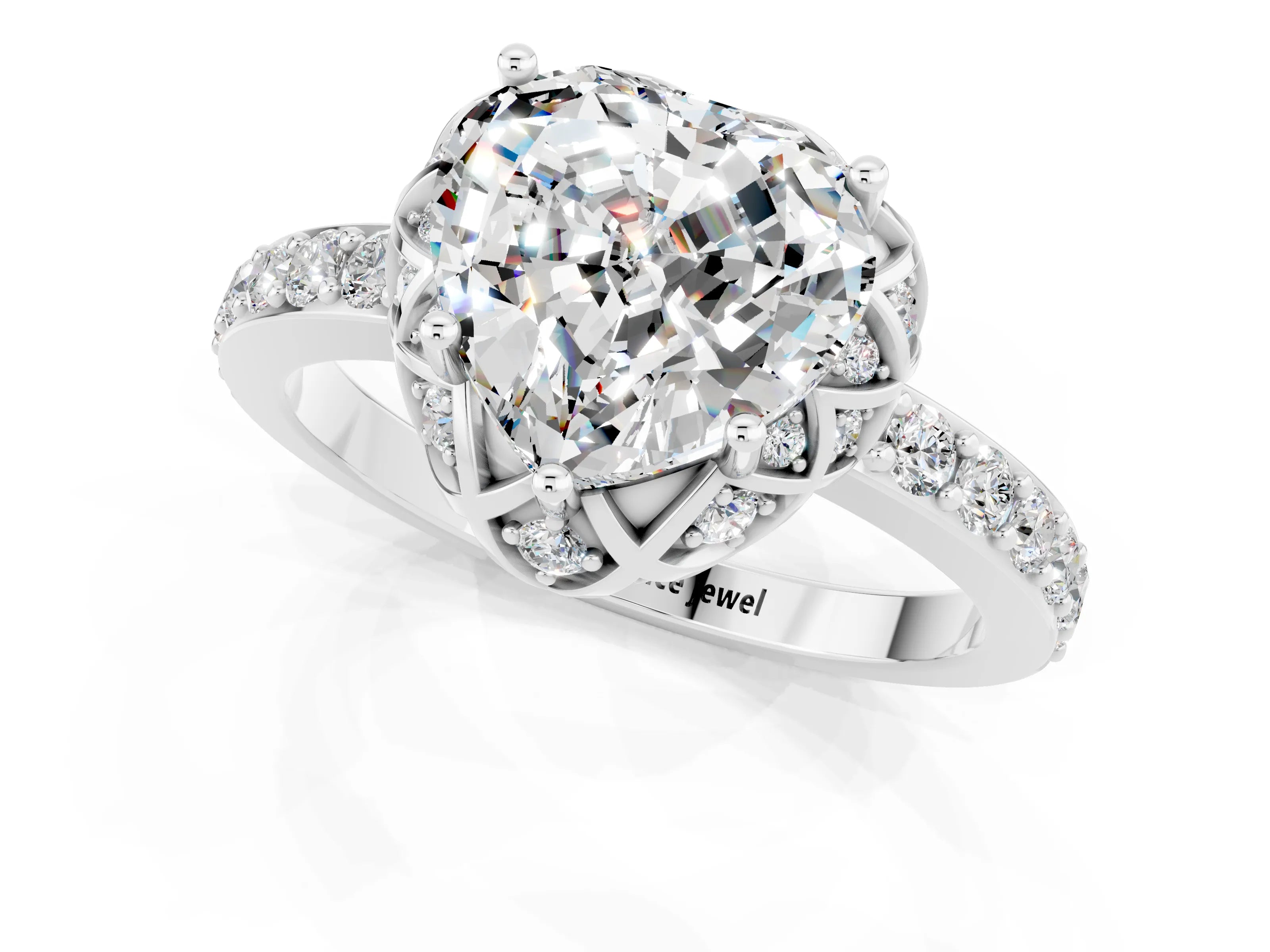 White gold Heart Cut Diamond Solitaire Ring with Shared Prong Pavé Band_1