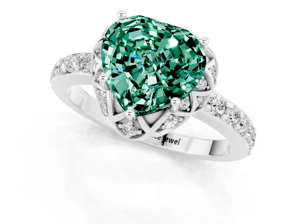 Silver Heart Cut Green Sapphire Scalloped Halo Engagement Ring with Round Shared Prong Band