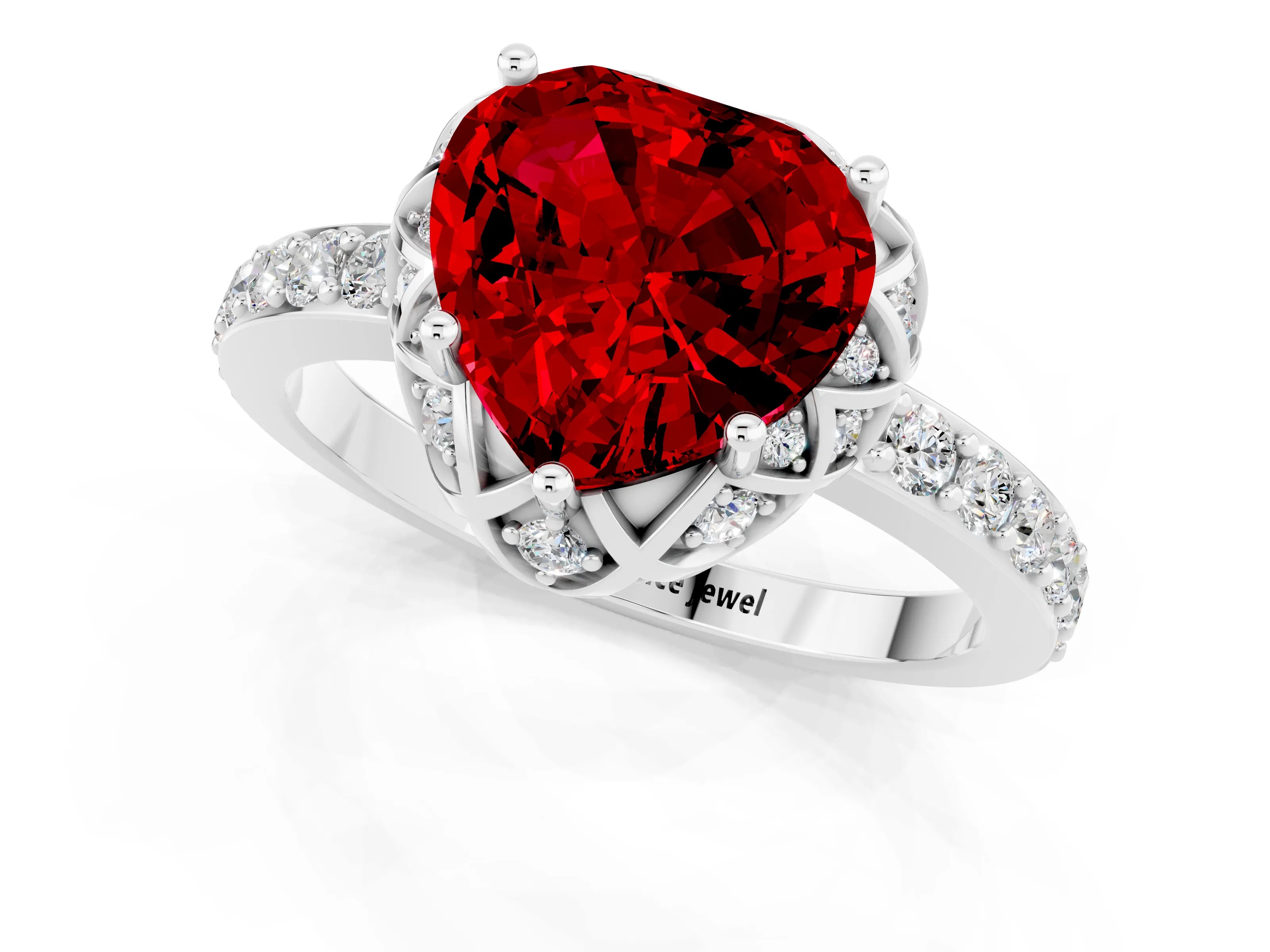 White gold Heart Cut Diamond Solitaire Ring with Shared Prong Pavé Band_1