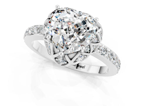 White gold Heart Cut Diamond Solitaire Ring with Shared Prong Pavé Band_1