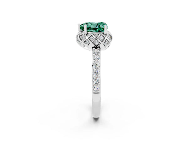 White gold Heart Cut Green Sapphire Scalloped Halo Engagement Ring with Round Shared Prong Band