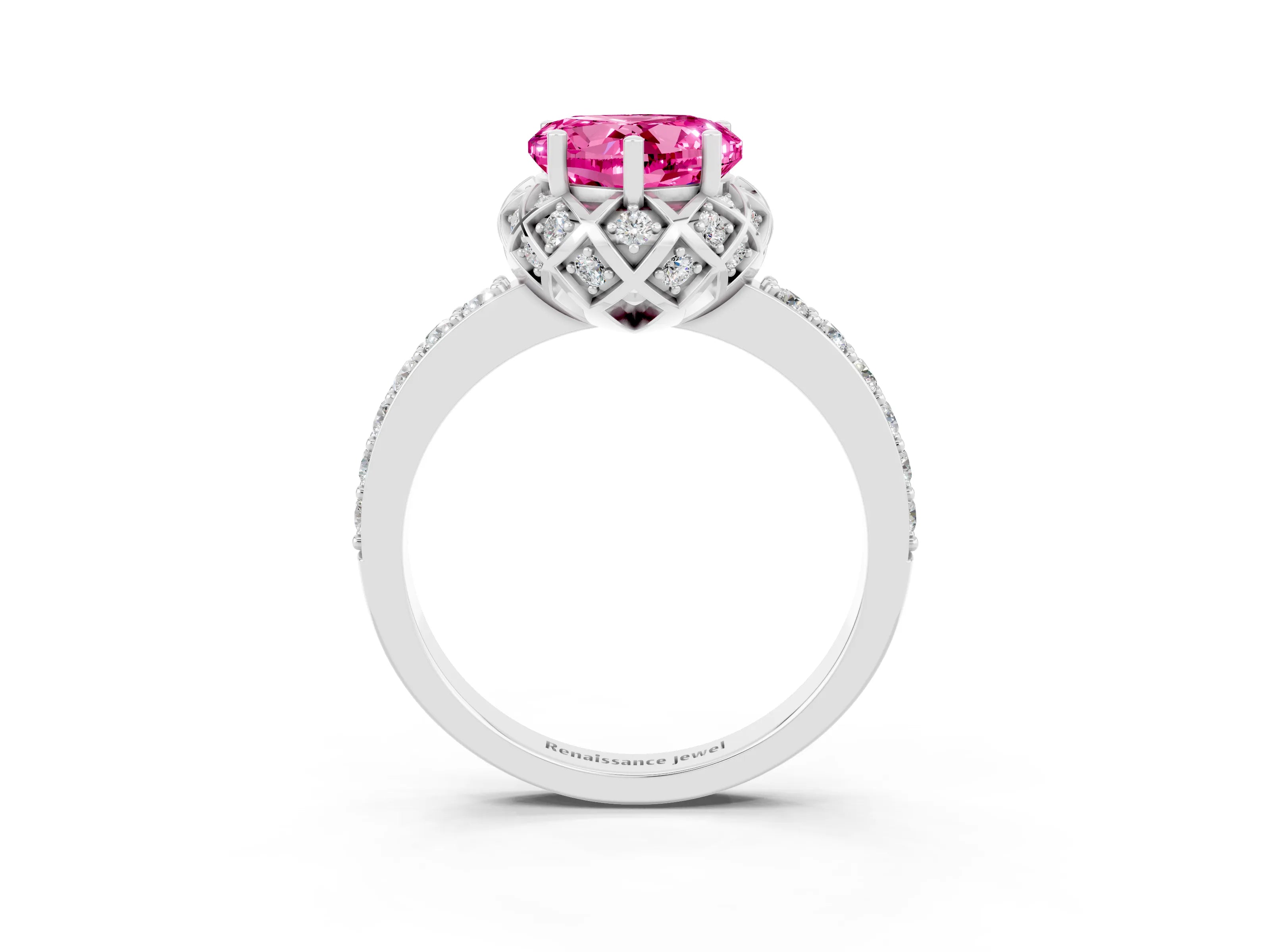 White gold Heart Cut Diamond Solitaire Ring with Shared Prong Pavé Band_3