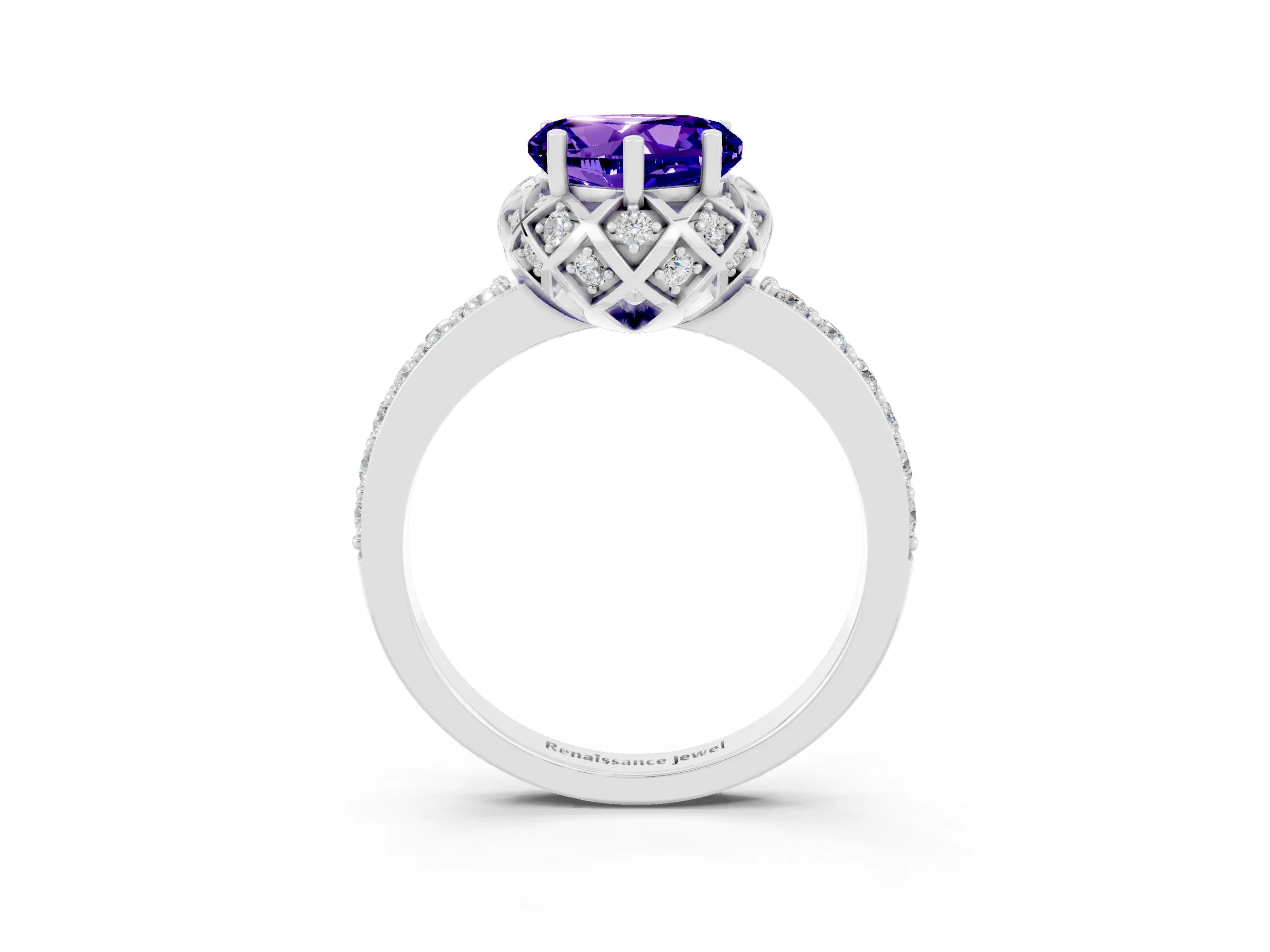 White gold Heart Cut Diamond Solitaire Ring with Shared Prong Pavé Band_3