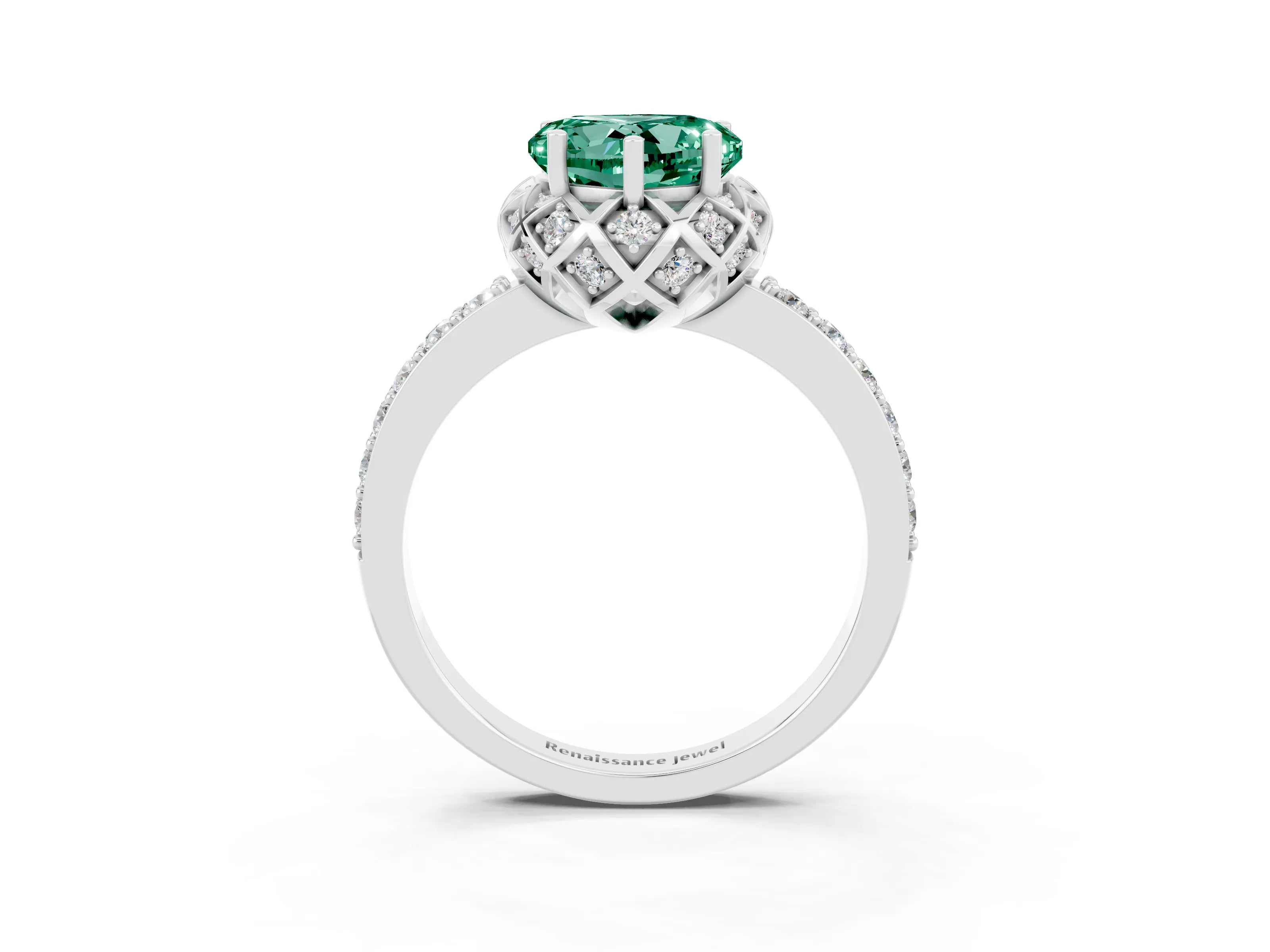 White gold Heart Cut Diamond Solitaire Ring with Shared Prong Pavé Band_3