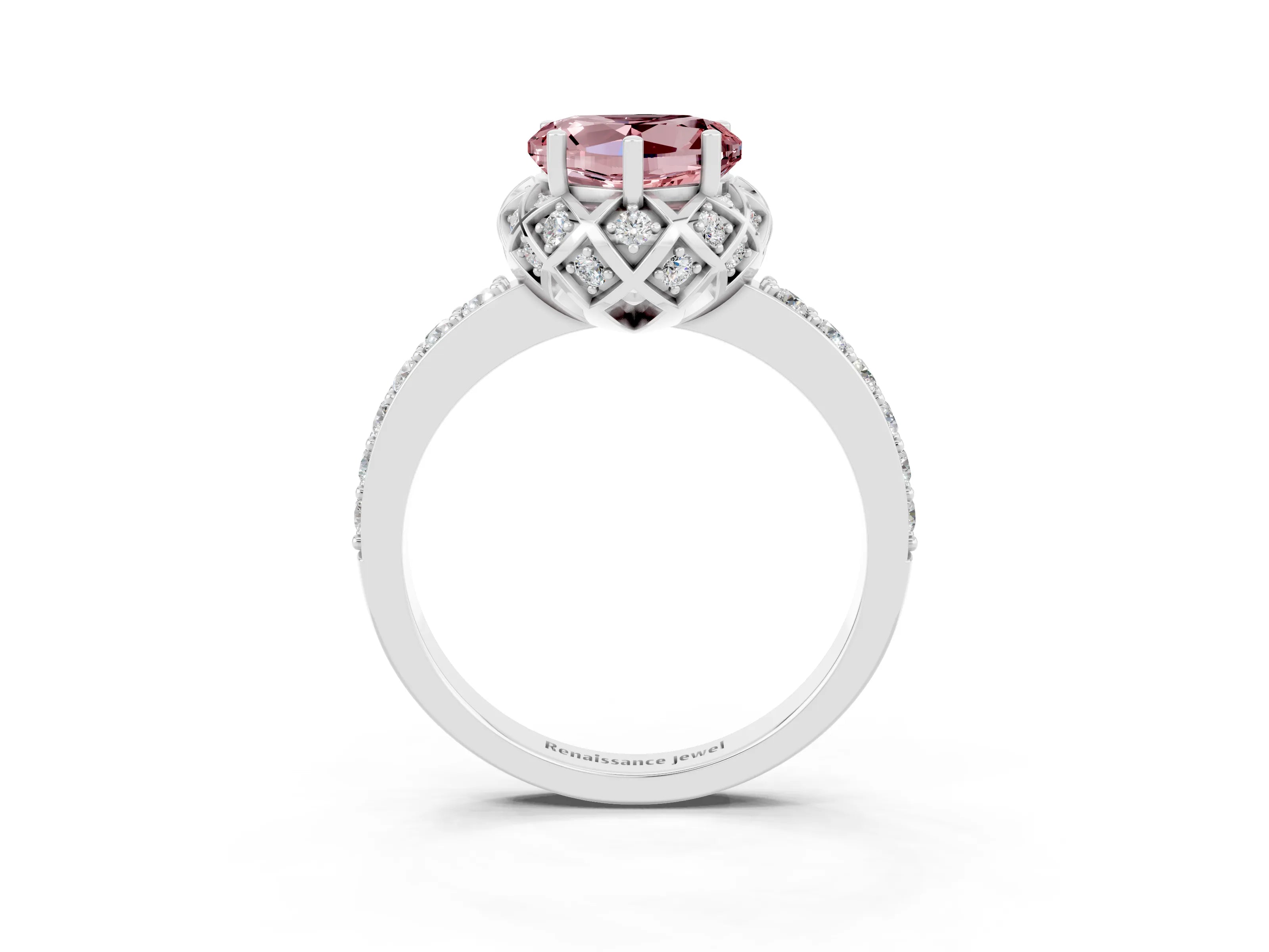 White gold Heart Cut Diamond Solitaire Ring with Shared Prong Pavé Band_3
