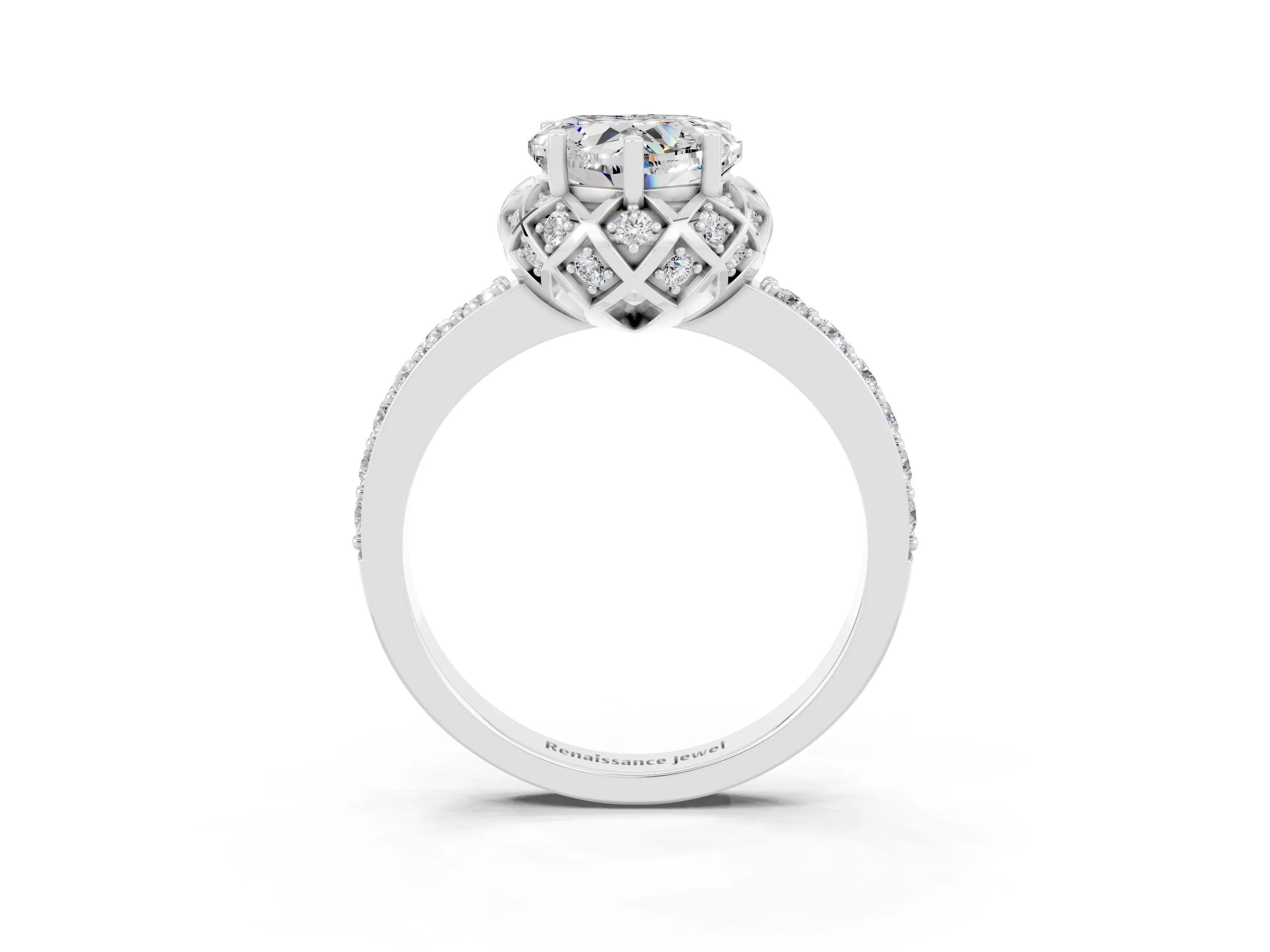 White gold Heart Cut Diamond Solitaire Ring with Shared Prong Pavé Band_3