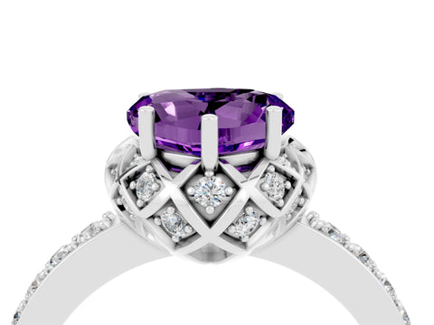 White gold Heart Cut Diamond Solitaire Ring with Shared Prong Pavé Band_4
