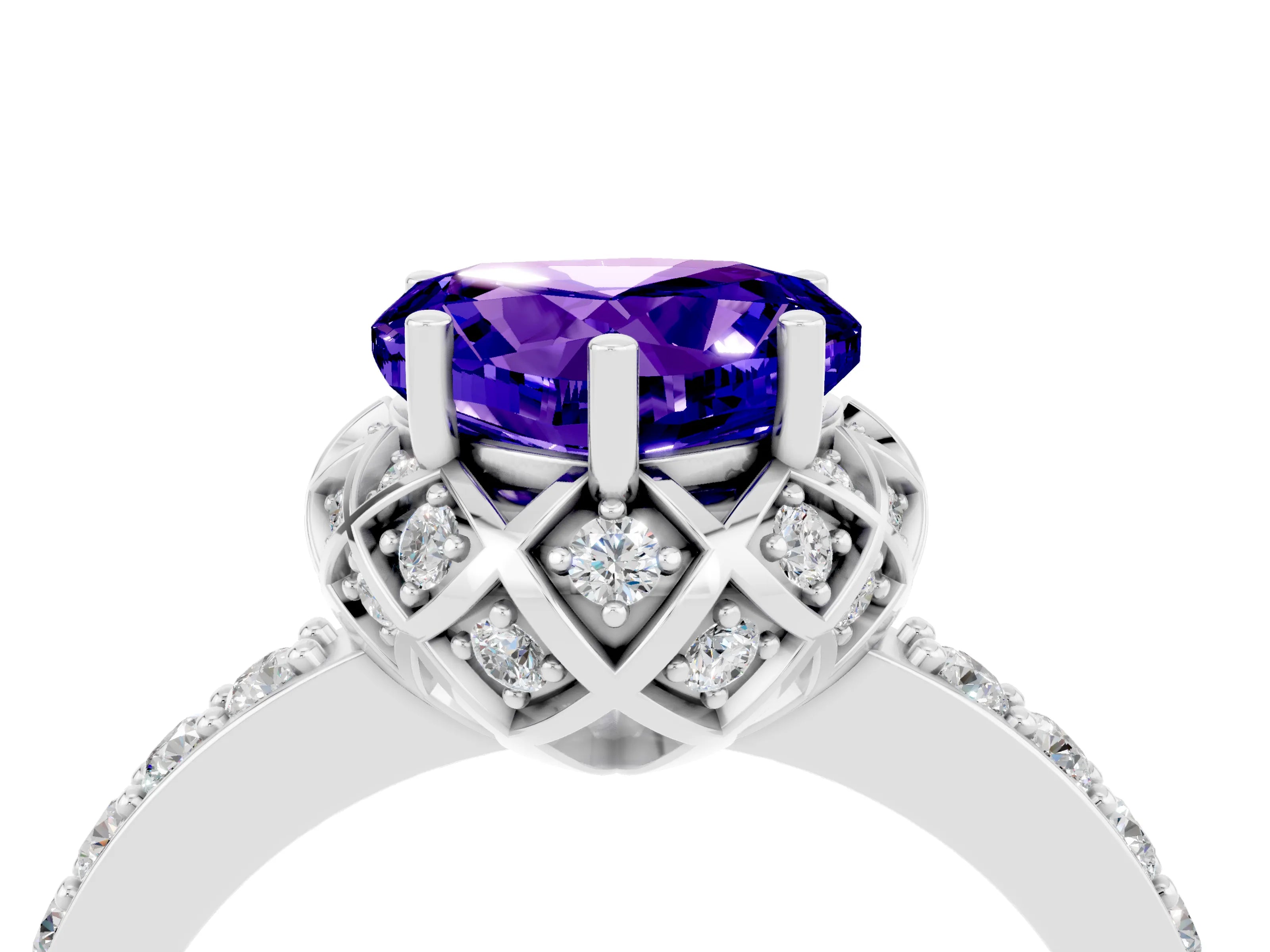 White gold Heart Cut Diamond Solitaire Ring with Shared Prong Pavé Band_4