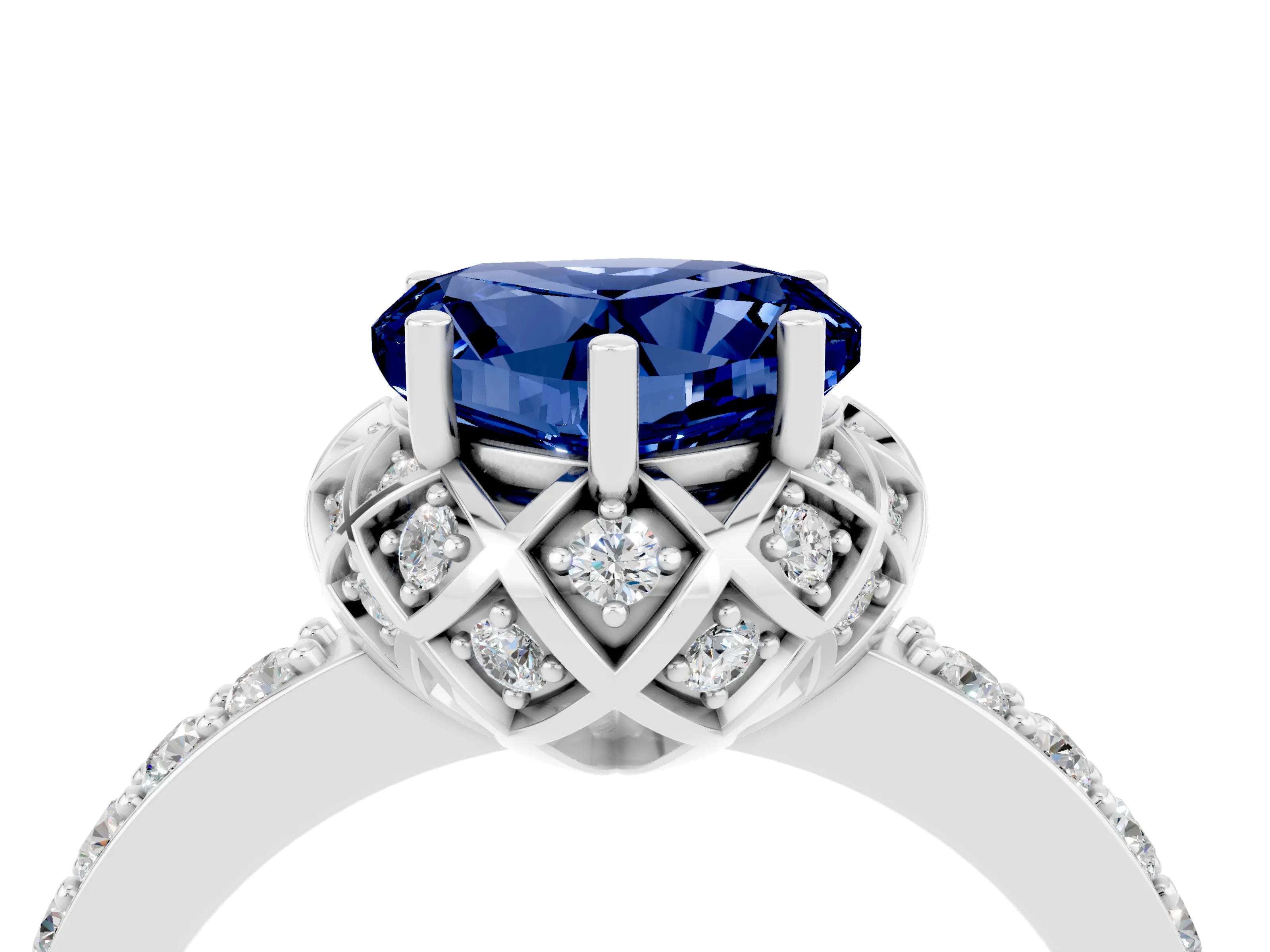 White gold Heart Cut Diamond Solitaire Ring with Shared Prong Pavé Band_4