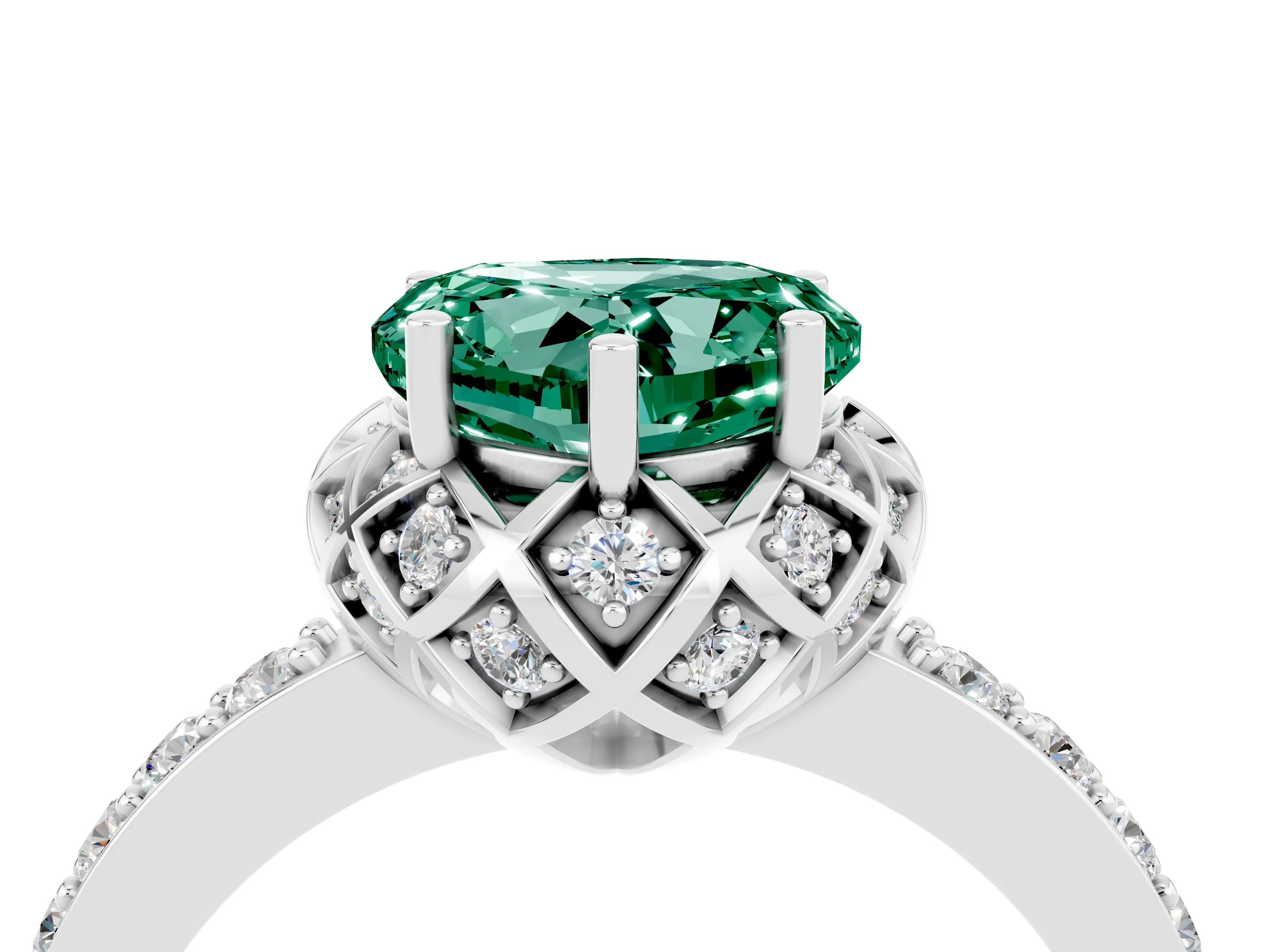 White gold Heart Cut Diamond Solitaire Ring with Shared Prong Pavé Band_4