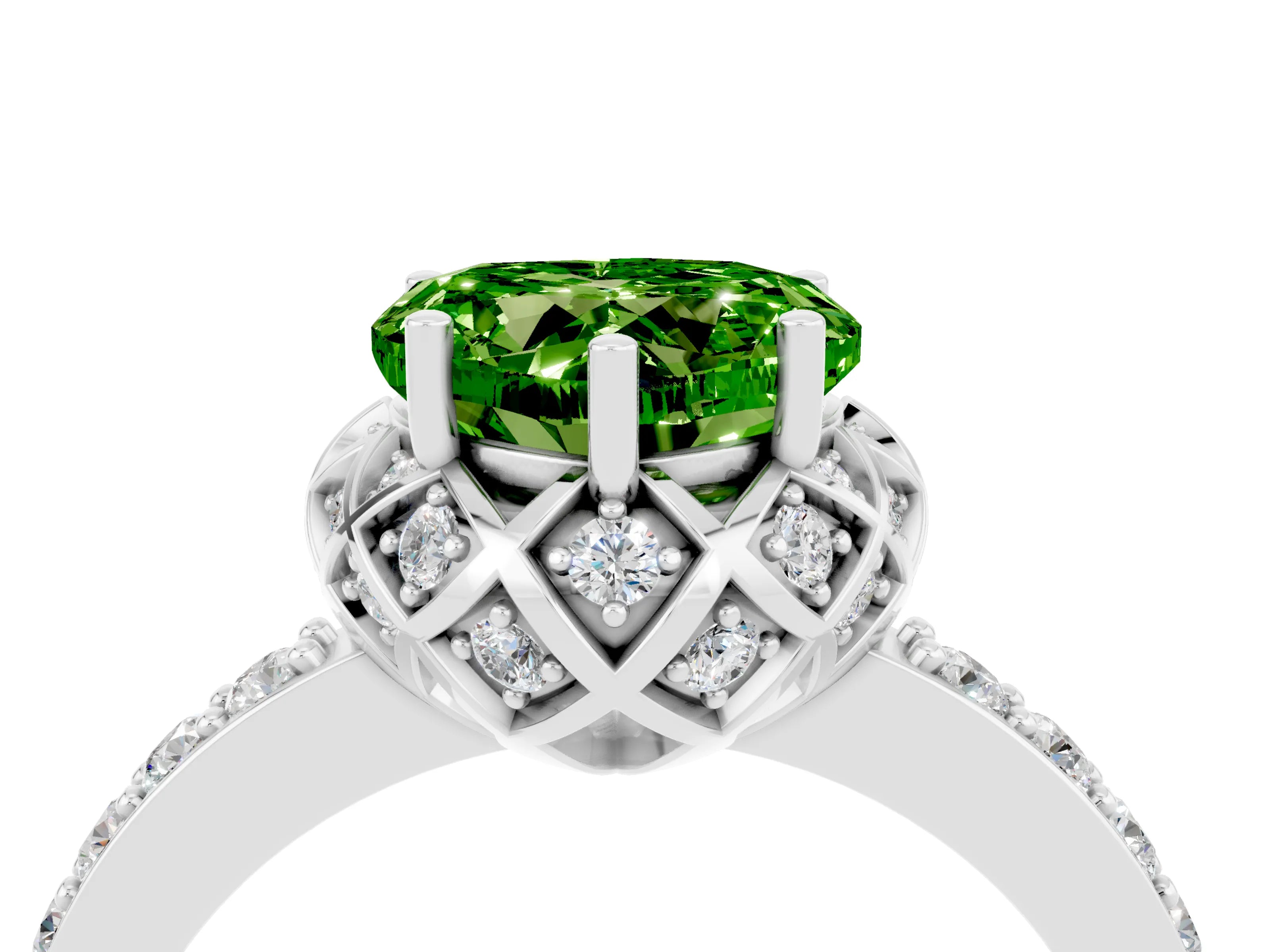 White gold Heart Cut Diamond Solitaire Ring with Shared Prong Pavé Band_4