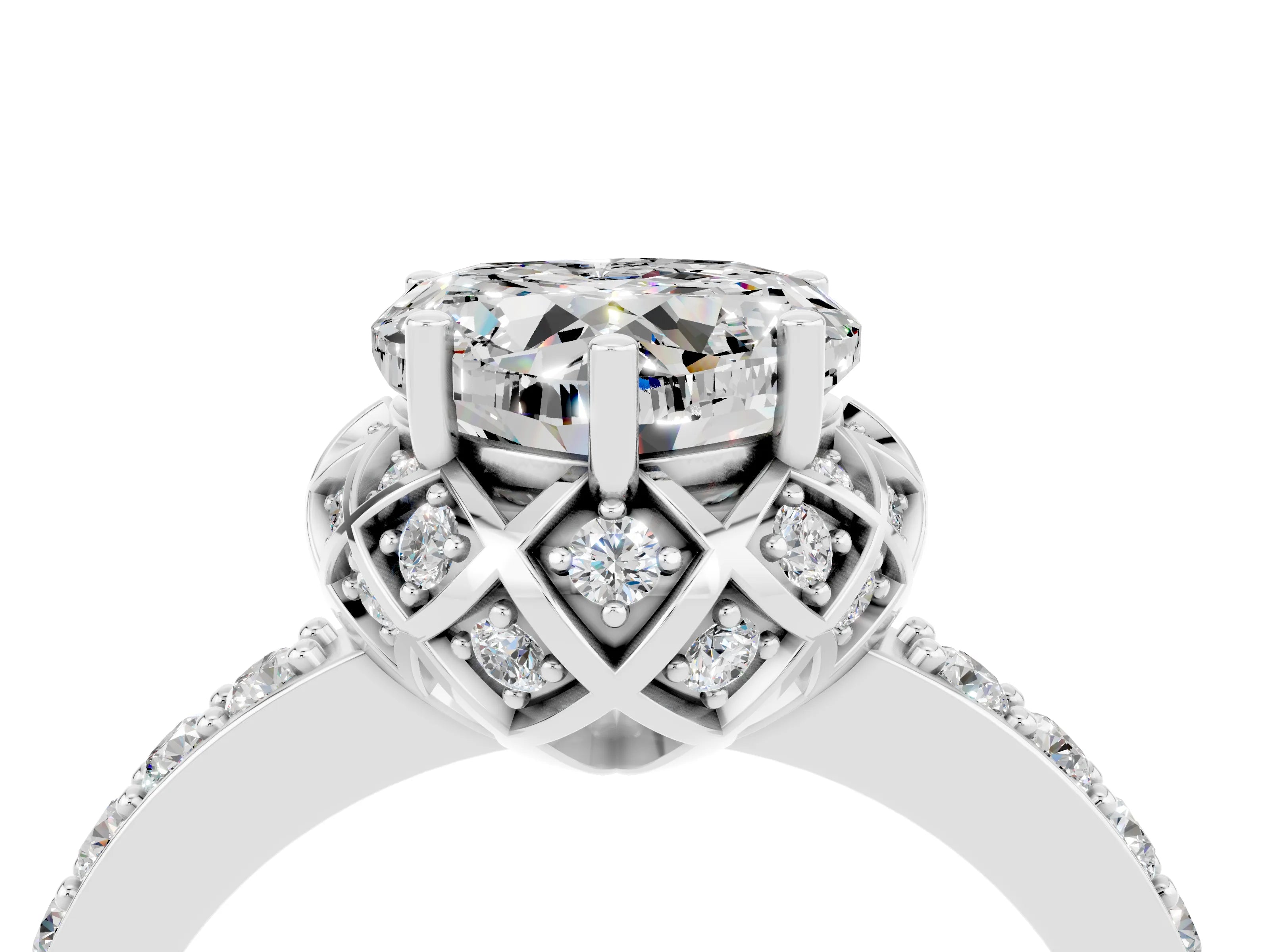 White gold Heart Cut Diamond Solitaire Ring with Shared Prong Pavé Band_4