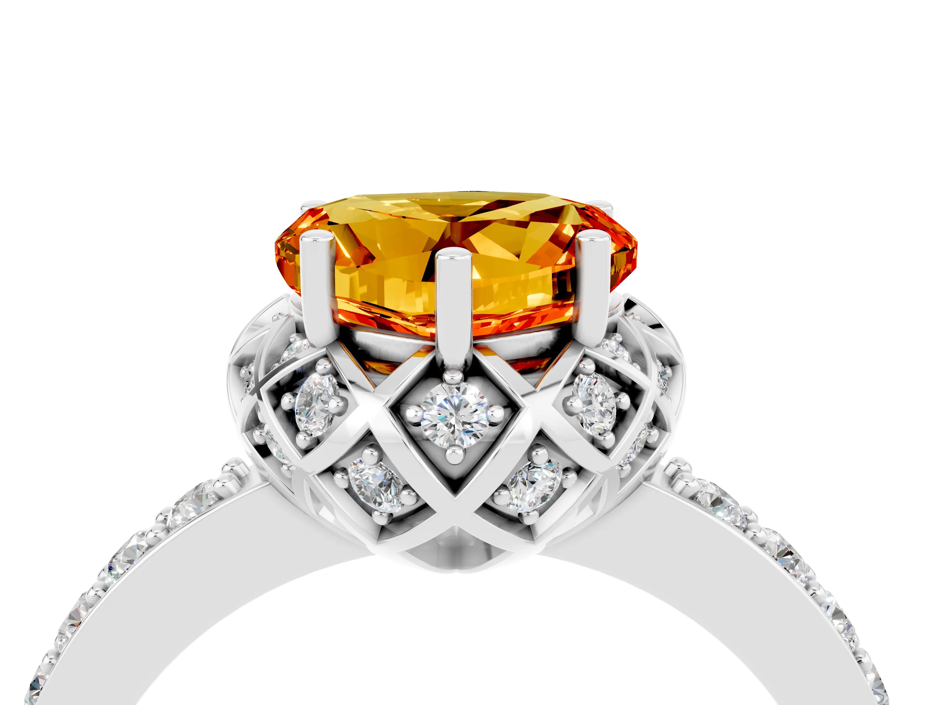 White gold Heart Cut Diamond Solitaire Ring with Shared Prong Pavé Band_4