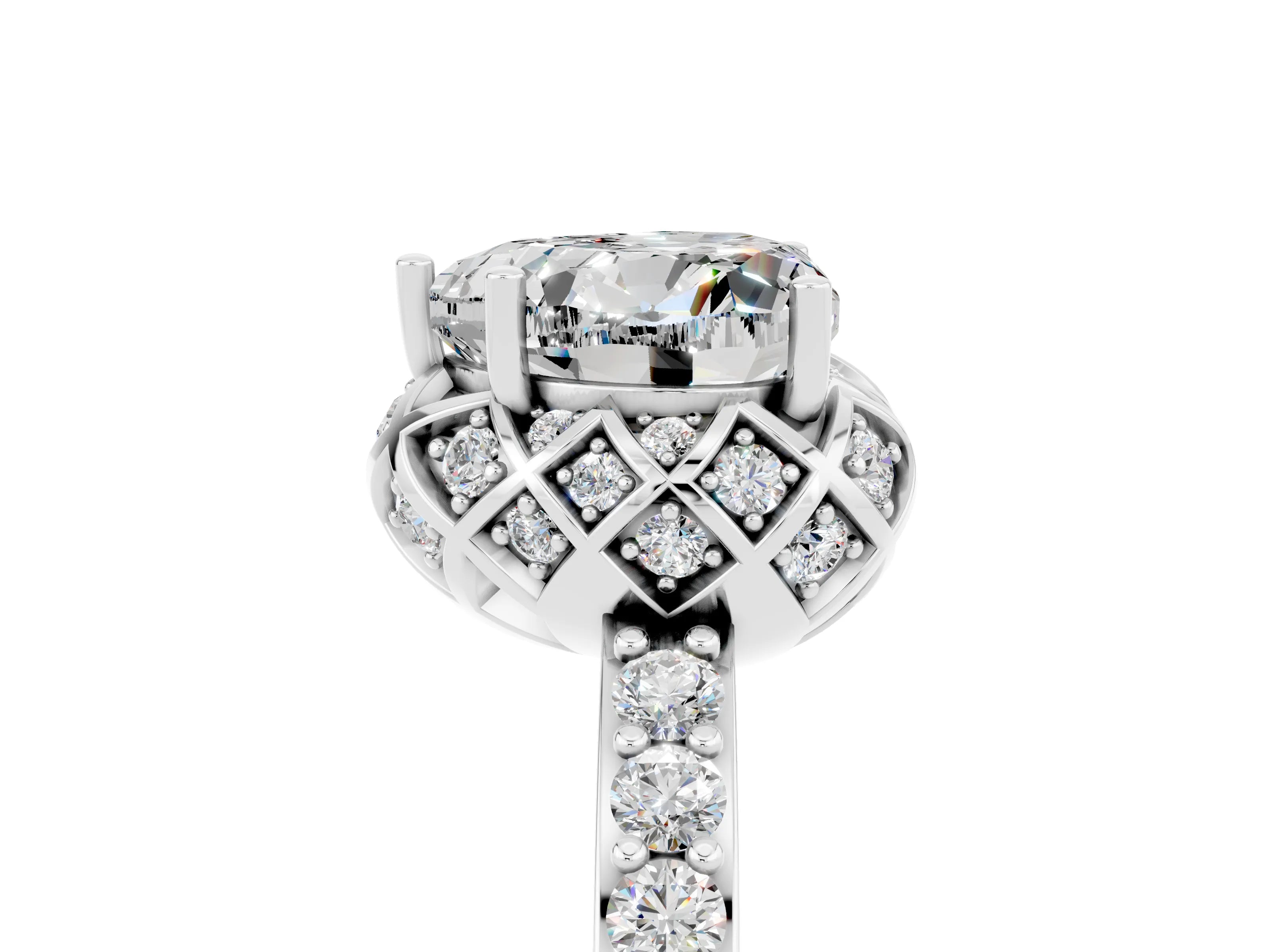 White gold Heart Cut Diamond Solitaire Ring with Shared Prong Pavé Band_5