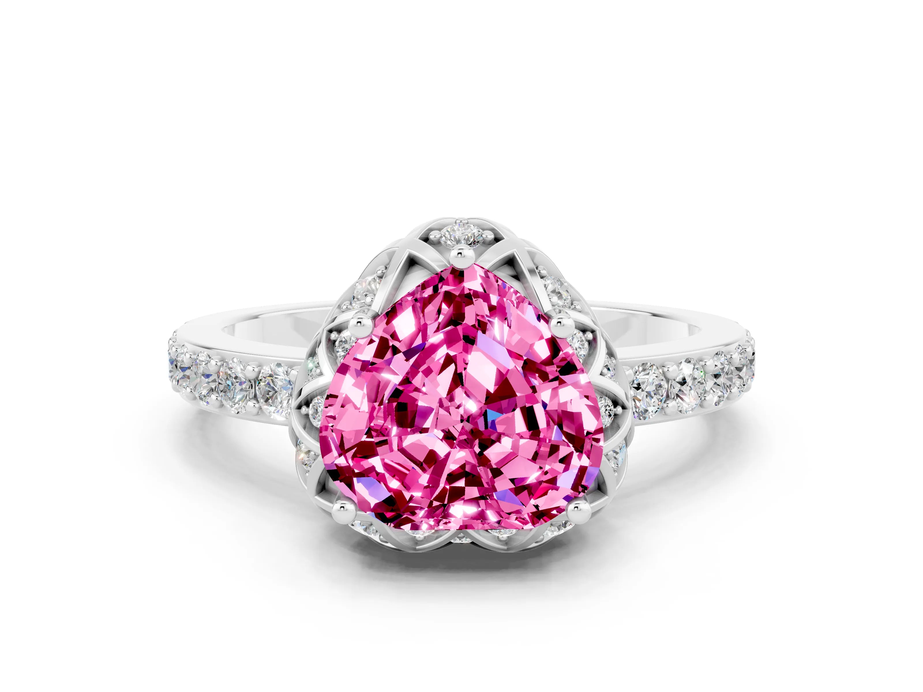 White gold Heart Cut Diamond Solitaire Ring with Shared Prong Pavé Band