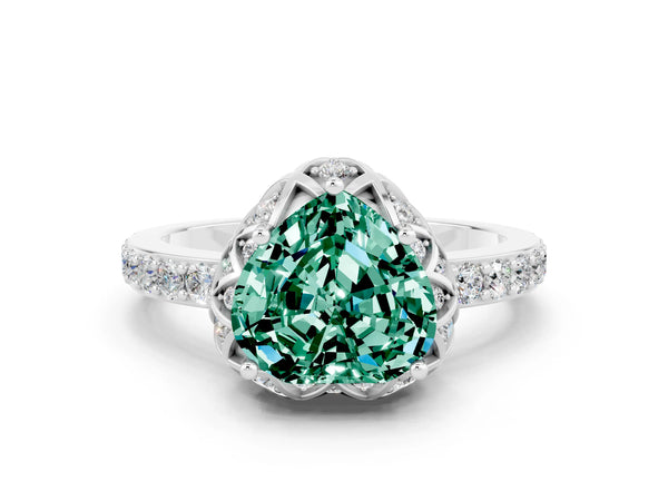 Silver Heart Cut Green Sapphire Scalloped Halo Engagement Ring with Round Shared Prong Band