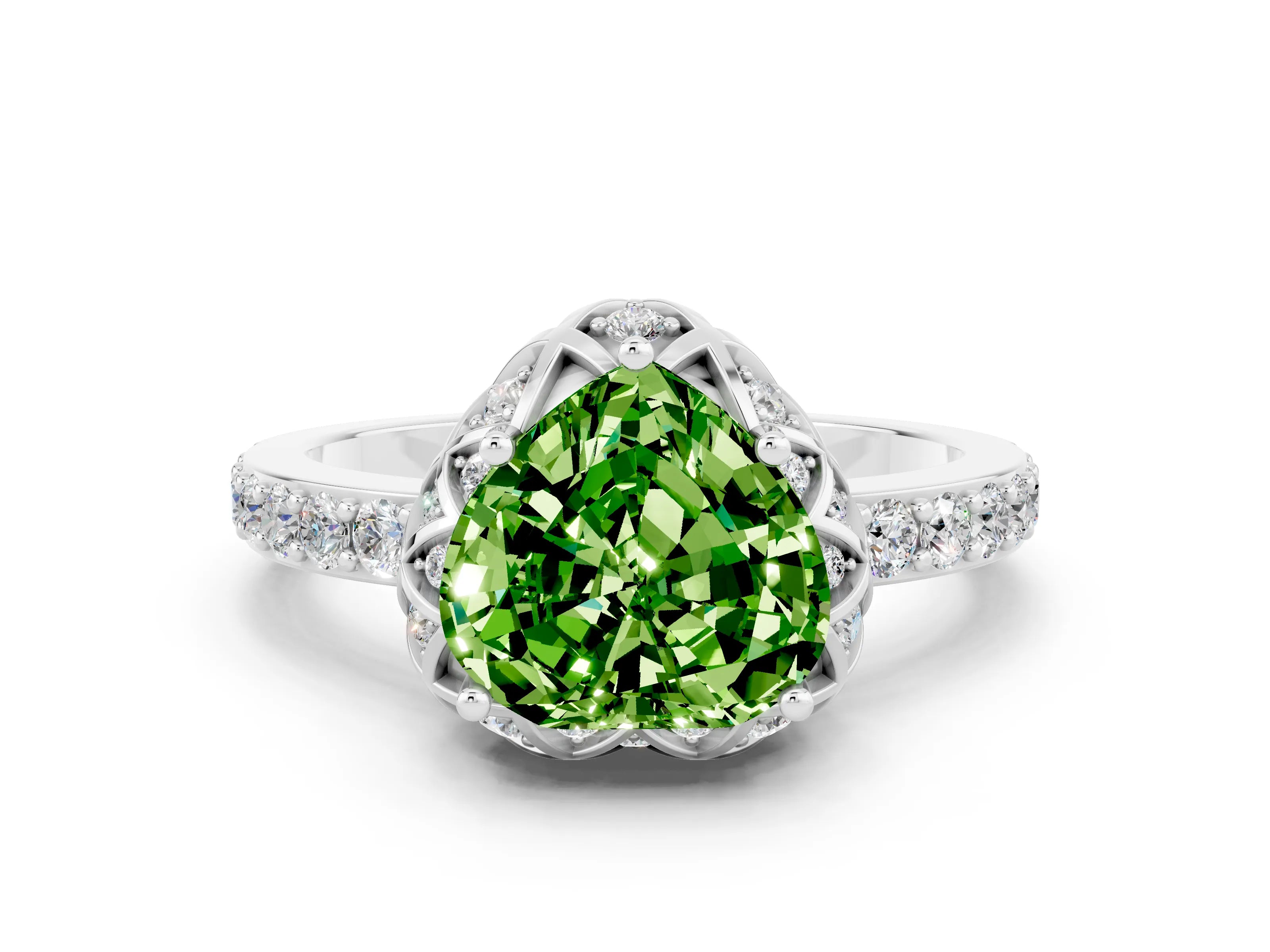 White gold Heart Cut Diamond Solitaire Ring with Shared Prong Pavé Band