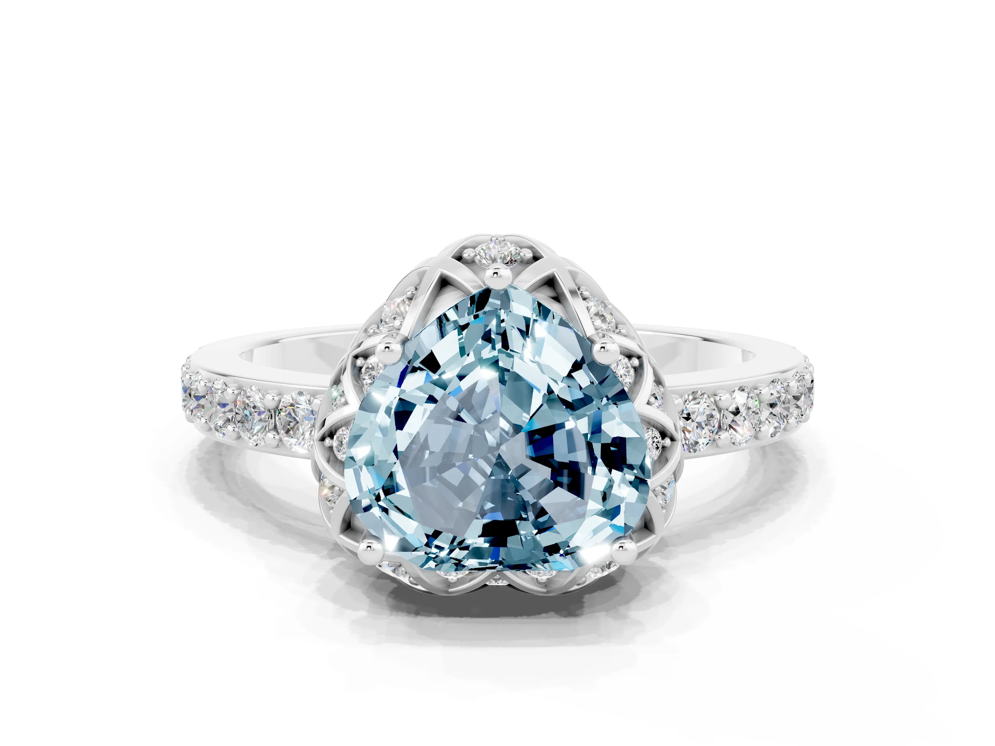 White gold Heart Cut Diamond Solitaire Ring with Shared Prong Pavé Band