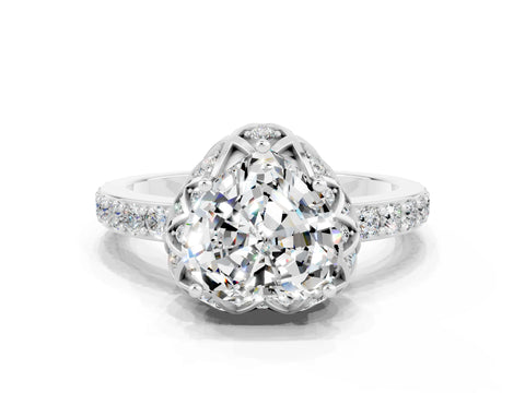 White gold Heart Cut Diamond Solitaire Ring with Shared Prong Pavé Band