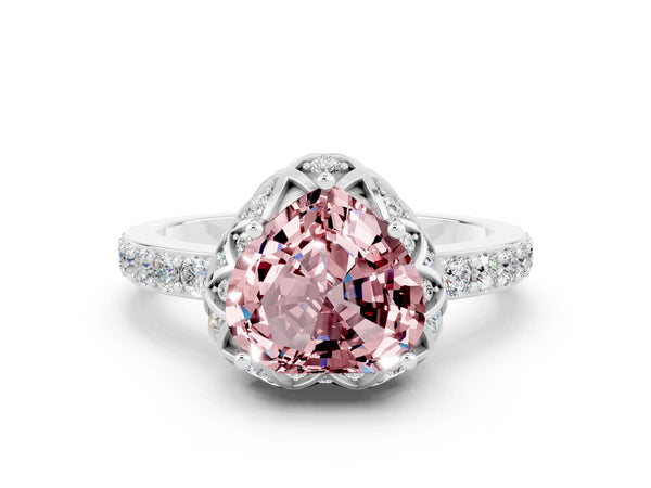 Silver Heart Cut Diamond Solitaire Ring with Shared Prong Pavé Band
