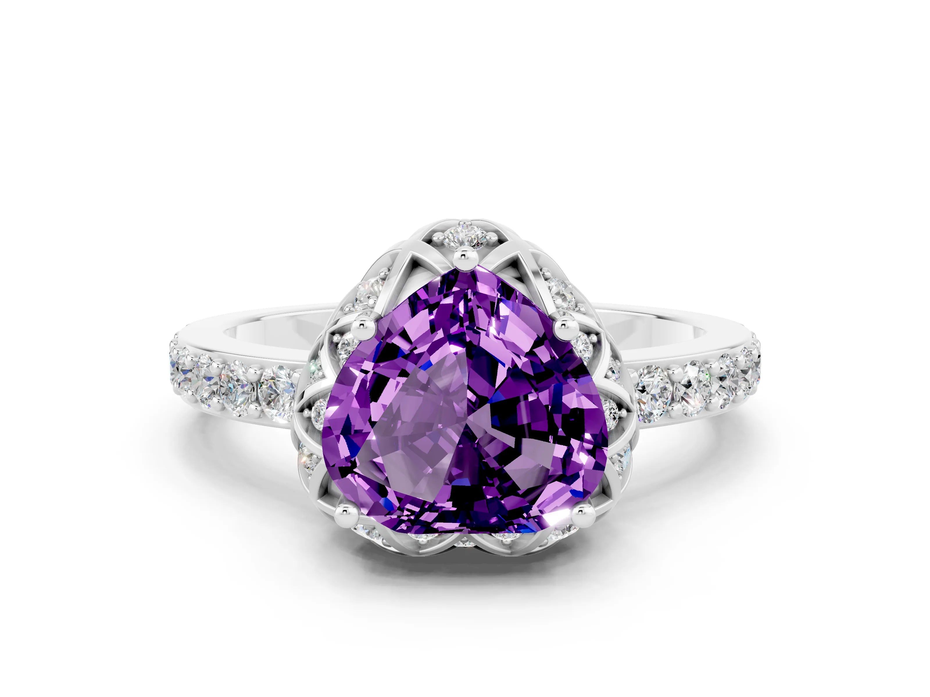 White gold Heart Cut Diamond Solitaire Ring with Shared Prong Pavé Band