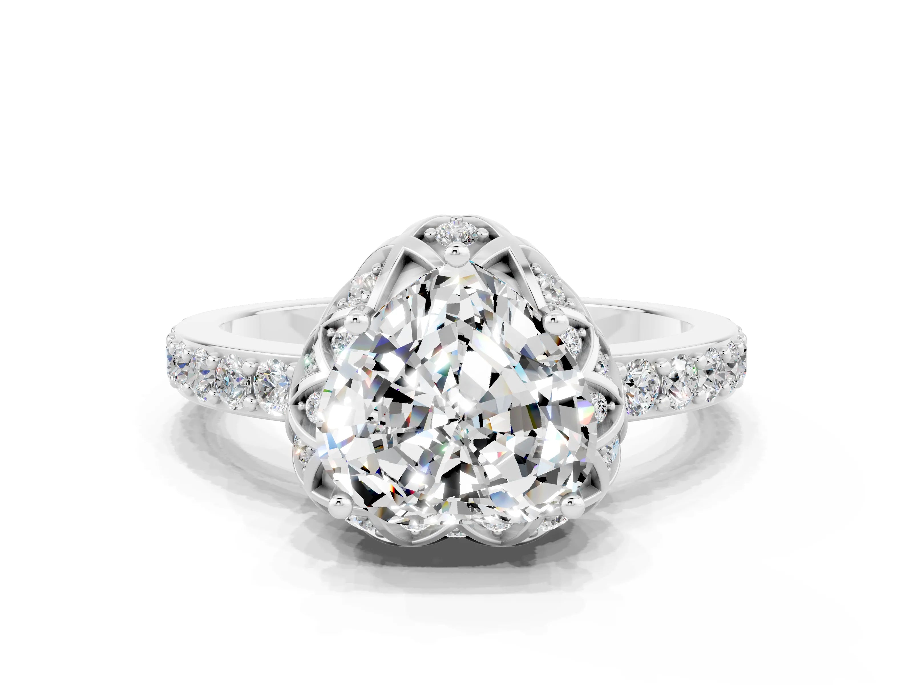 White gold Heart Cut Diamond Solitaire Ring with Shared Prong Pavé Band