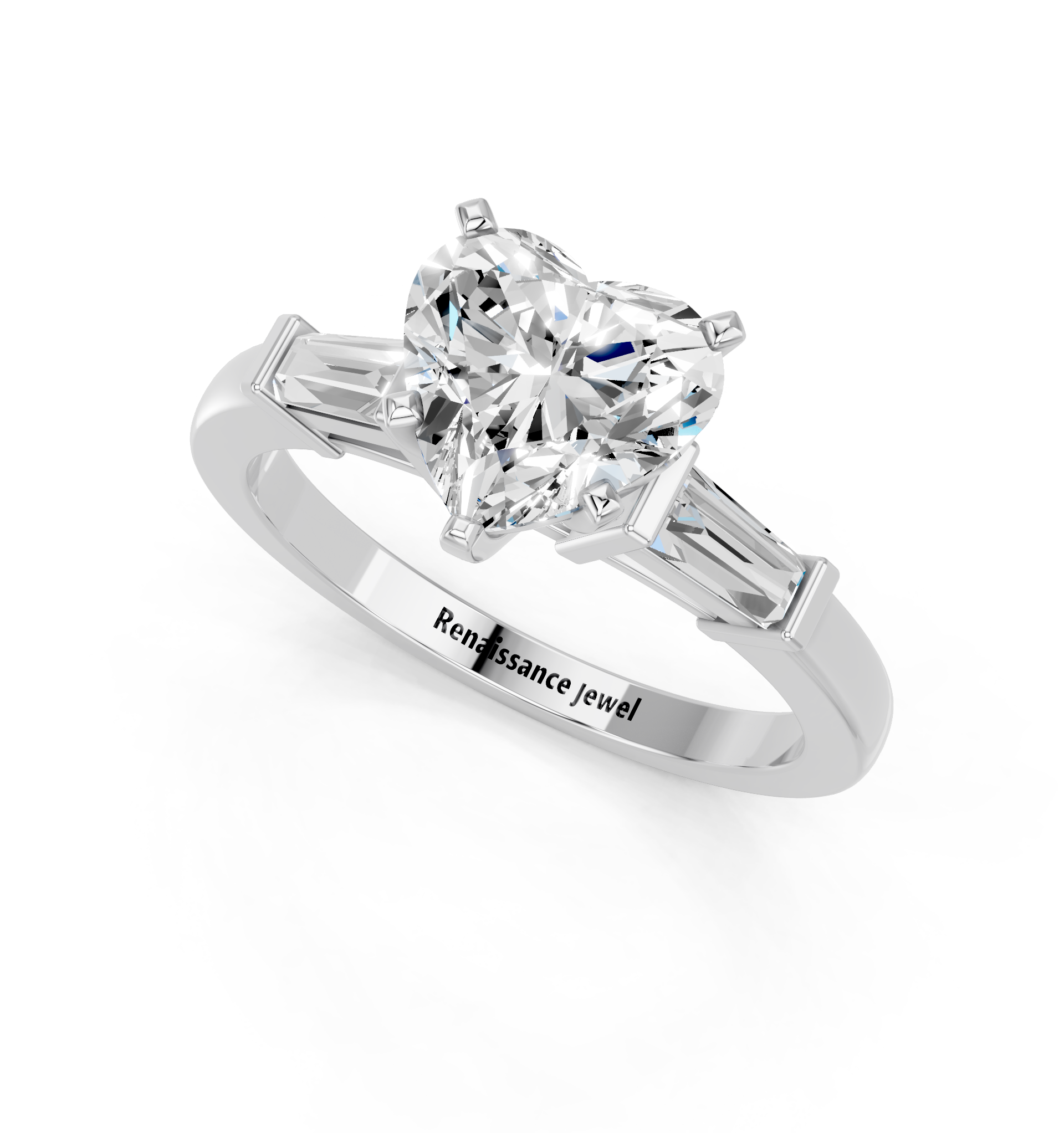 White gold Heart Cut Diamond Solitaire Ring with Tapered Baguette Accents and Four-Prong Setting_14
