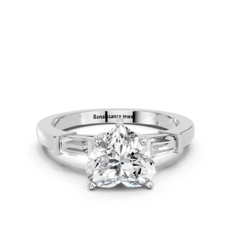 White gold Heart Cut Diamond Solitaire Ring with Tapered Baguette Accents and Four-Prong Setting_20