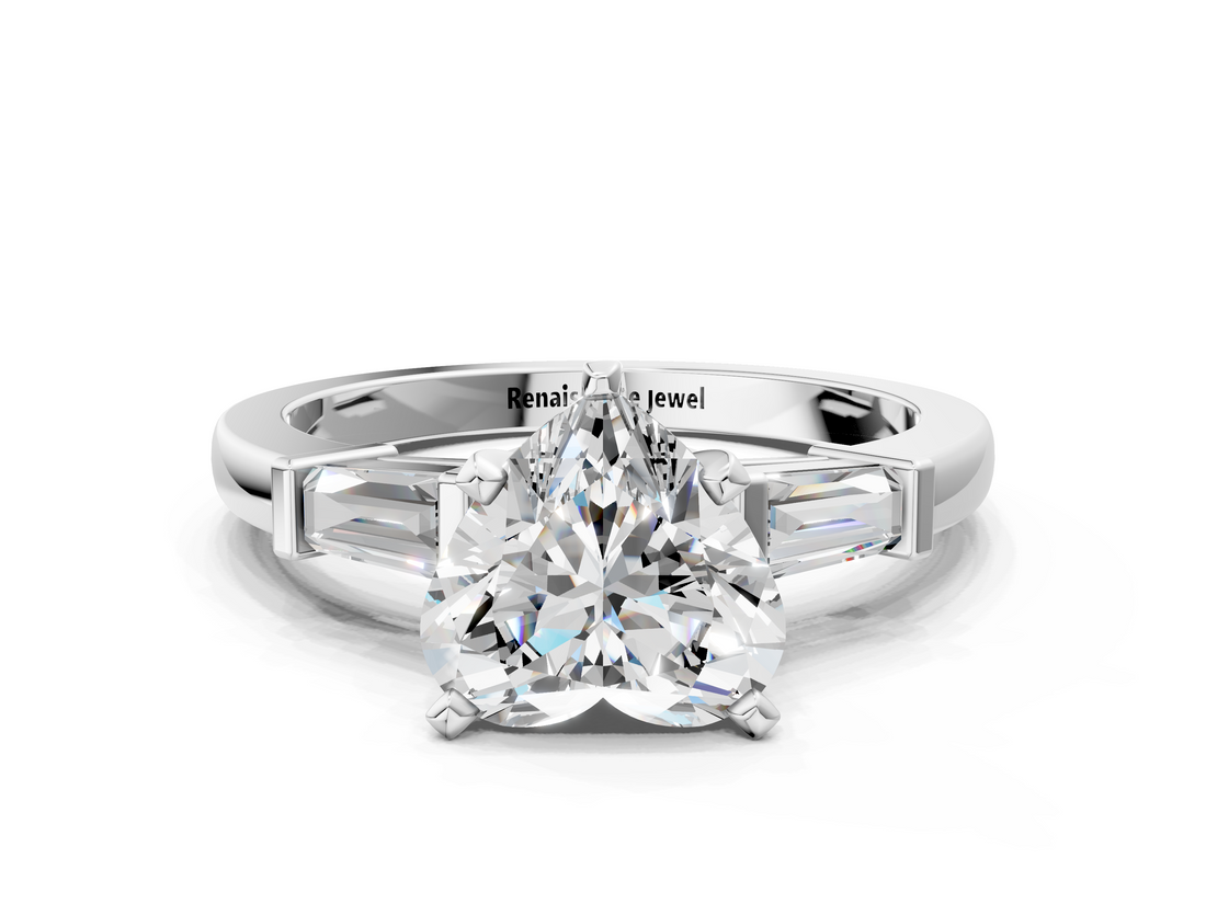 White gold Heart Cut Diamond Solitaire Ring with Tapered Baguette Accents and Four-Prong Setting_82