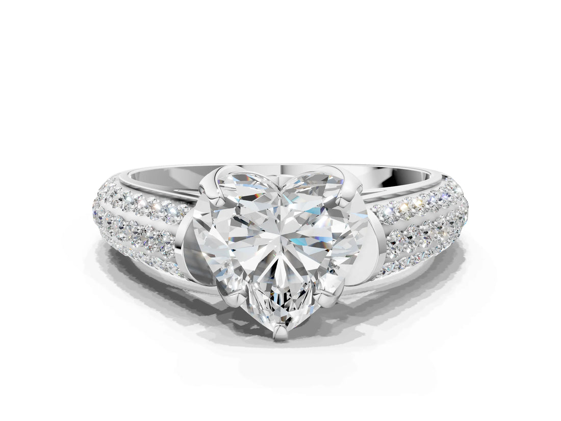 White gold Heart Cut Diamond Solitaire Ring with Three-Row Pavé Band and Four-Prong Setting_45