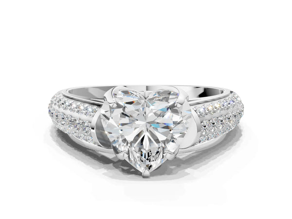 White gold Heart Cut Diamond Solitaire Ring with Three-Row Pavé Band and Four-Prong Setting