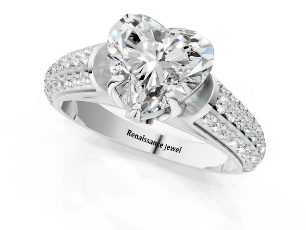 White gold Heart Cut Diamond Solitaire Ring with Three-Row Pavé Band and Four-Prong Setting