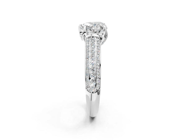 White gold Heart Cut Diamond Solitaire Ring with Three-Row Pavé Band and Four-Prong Setting