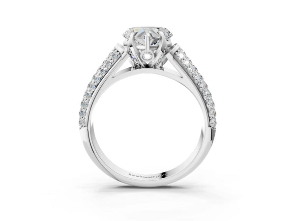 White gold Heart Cut Diamond Solitaire Ring with Three-Row Pavé Band and Four-Prong Setting