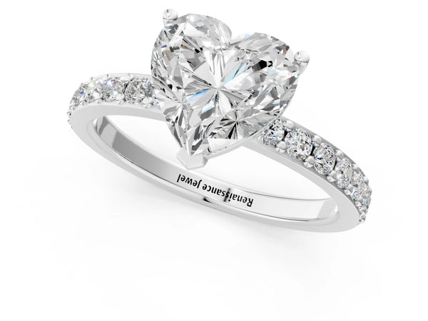 White gold Heart Cut Diamond Solitaire with Pave Band and Four-Prong Setting