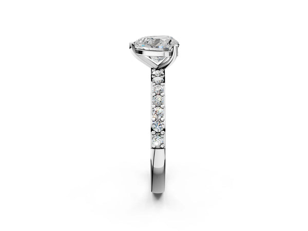 White gold Heart Cut Diamond Solitaire with Pave Band and Four-Prong Setting