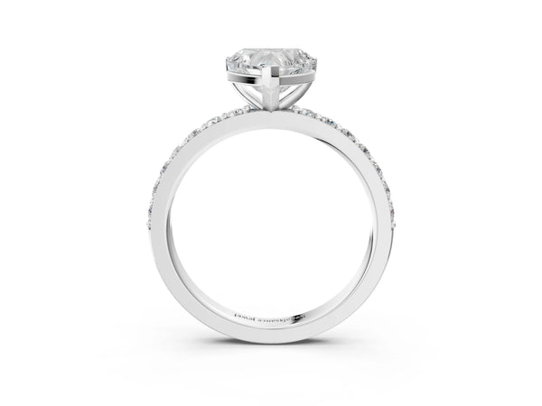White gold Heart Cut Diamond Solitaire with Pave Band and Four-Prong Setting