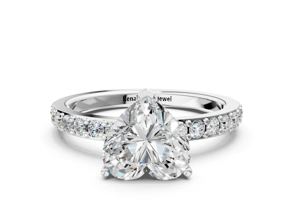 White gold Heart Cut Diamond Solitaire with Pave Band and Four-Prong Setting