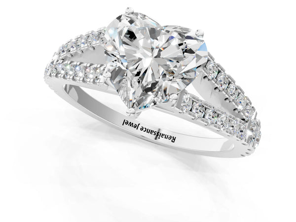 White Gold Heart-Shaped Solitaire Engagement Ring Setting with Graduated Pave Split Shank