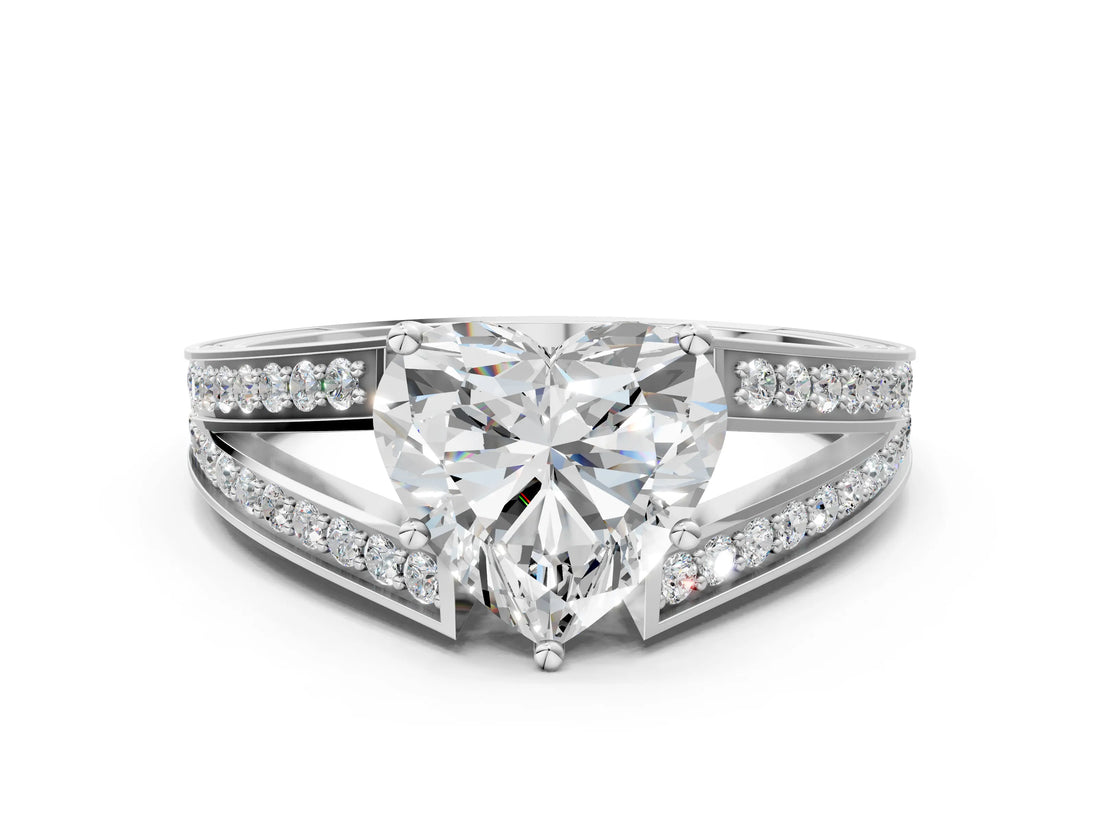 White gold Heart Cut Diamond Split Shank Ring with Pavé Band and Four-Prong Setting_49