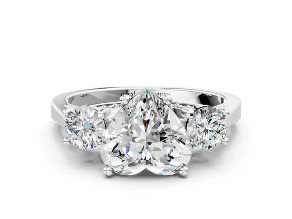 White gold Heart Cut Diamond Three-Stone Engagement Ring with Prong Setting and Pavé Band