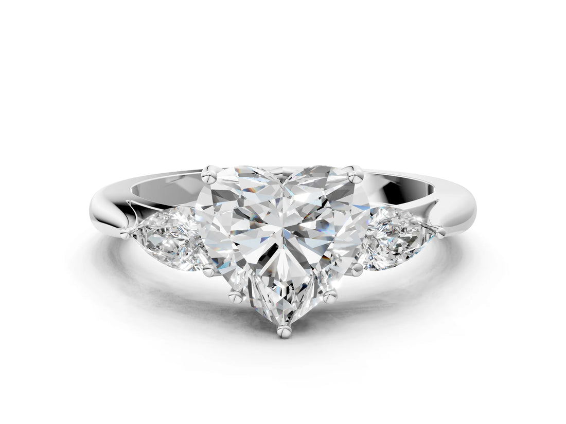 White gold Heart Cut Diamond Three-Stone Ring with Pear Side Stones and Four-Prong Setting_88