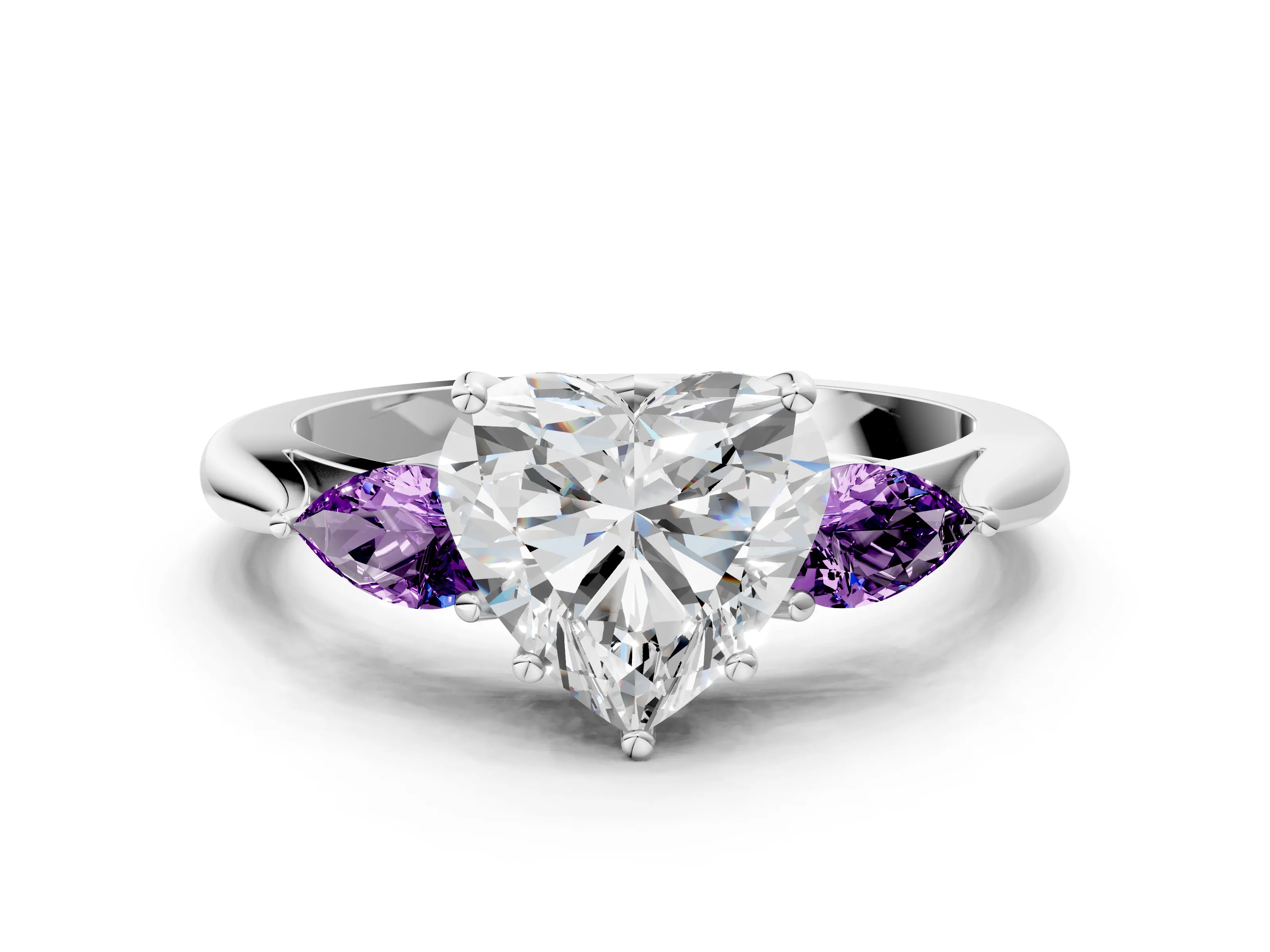 White gold Heart Cut Diamond Three-Stone Ring with Pear with Amethyst side stone Side Stones and Prong Setting_24